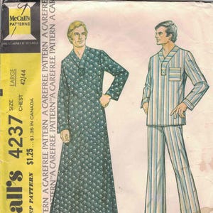 May include: Vintage McCall's pattern 4237 for men's caftan or pajamas. The illustration shows a long-sleeved caftan with a floral pattern and a striped pajama set. The pattern size is large, chest 42/44.