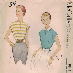 McCall's 9841 - Blus med nyckelhålsringning - Fröken 18, Byst 36 - Klippning och komplett. 1954