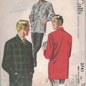May include: Vintage McCall's pattern 3741 for a men's sports jacket. The illustration features three men wearing different jacket styles: a green plaid jacket, a striped jacket, and a red jacket. The pattern includes the text "MEN'S SPORTS JACKET".
