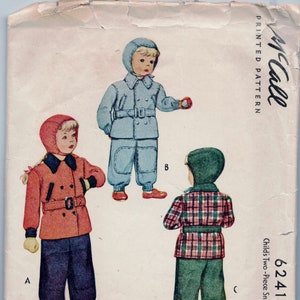May include: A vintage McCall's sewing pattern for a child's two-piece snow suit and cap. The pattern is for size 4 and is printed on a white background with a red, green, and blue colour scheme. The pattern includes instructions for making a red coat with a black belt, a blue snowsuit with a white hat, and a green plaid snowsuit with a green hat.