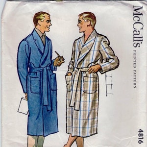 May include: A vintage sewing pattern for a men's robe. The pattern is for a robe with a plaid design and a solid blue robe. The pattern is from McCall's and the pattern number is 4816. The pattern is for sizes 34-36.