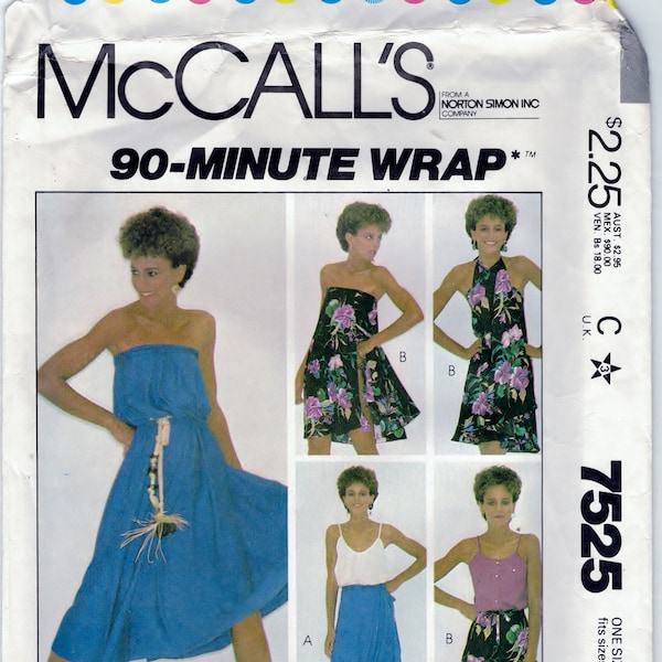 McCall's 7525 - 90 Minute Misses' Summer Wrapped Skirt of Dress - 2 lengths - Wear it 4 Ways - Sizes 6 - 14, Cut and Complete.  1981