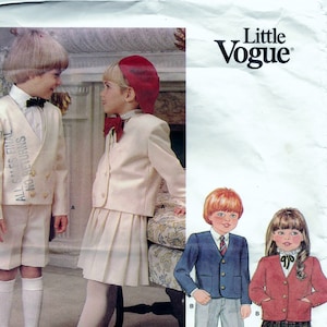 May include: A sewing pattern for children's clothing. The pattern includes instructions for making a white jacket with a red bow, a white skirt, a blue jacket with a white collar, and a red jacket with a plaid skirt. The pattern number is 1313.