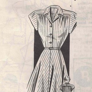 May include: A vintage sewing pattern envelope for a dress, labeled 8313 with a 42 bust size. The illustration shows a striped dress with a notched collar, button front, and full skirt. Text includes Simplicity 1st Prize and An A-B-C Special.