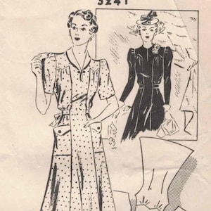 May include: A vintage sewing pattern envelope labeled 3241 and 50, featuring illustrations of a polka-dot dress with short sleeves and patch pockets, and a long-sleeved dress with a hat, alongside technical line drawings of the garment construction.