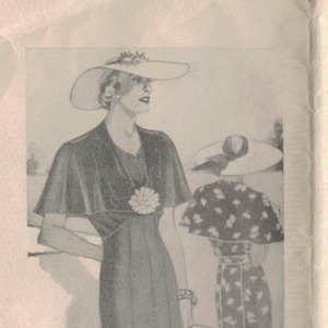 May include: Vintage fashion illustration featuring two women in elegant dresses and wide-brimmed hats. The first woman wears a dark dress with a cape-like top and a floral embellishment. The second woman is in a floral print dress.