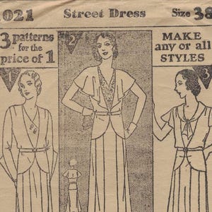 May include: Vintage Simplicity pattern 1021 for a street dress, size 38. The image shows three dress styles with step-by-step instructions. The pattern includes measurements in inches and material requirements.