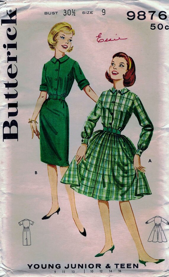 classic junior dresses Butterick 9876 Young and Teen Shirtdress in Full Skirt or Slim Skirt Versions. Size Young Junior 9, Factory Folded. 1961 teenage party dresses new look
