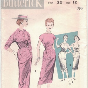 May include: Vintage sewing pattern for a dress, featuring a pink dress with a fitted bodice and a full skirt. The pattern is for size 12 and bust 32. The pattern is from Butterick and is number 8087. The pattern is printed on a white background with blue and green accents.