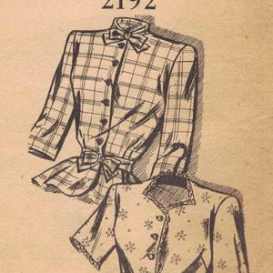 May include: A vintage-style illustration on tan paper featuring two blouses labelled 40 and 2192. The top blouse has a plaid pattern, a high collar with a bow, and buttons. The bottom blouse features a floral print, short sleeves, and a bow at the waist.