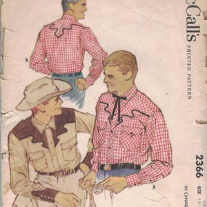 May include: Vintage McCall's printed pattern for a men's western shirt. The illustration shows three men wearing the shirt in different styles. The shirt is red and white checkered with decorative stitching. The pattern size is small, 14-14 1/2.