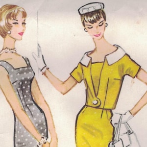 以下が含まれることがあります： 2 人の女性がスタイリッシュなドレスを着たヴィンテージ ファッション イラスト。一人はグレーのドット柄のドレス、もう一人は白い襟と帽子が付いたイエローのドレスを着ています。どちらも手袋とジュエリーを身に着けており、レトロな美学を示しています。