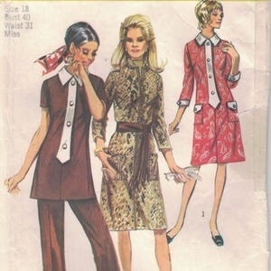 May include: Vintage Simplicity Fashion Magazine sewing pattern featuring three women modeling different tunic-length outfits. The pattern includes sizes for a Miss with a bust of 40 inches and a waist of 31 inches.