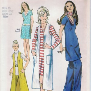May include: Vintage Simplicity sewing pattern featuring illustrations of women's clothing designs. The pattern includes a mini-length dress, midi-length vest, and other styles. The text on the pattern reads "Simplicity Fashion Magazine" and "Designed for knit fabrics only."