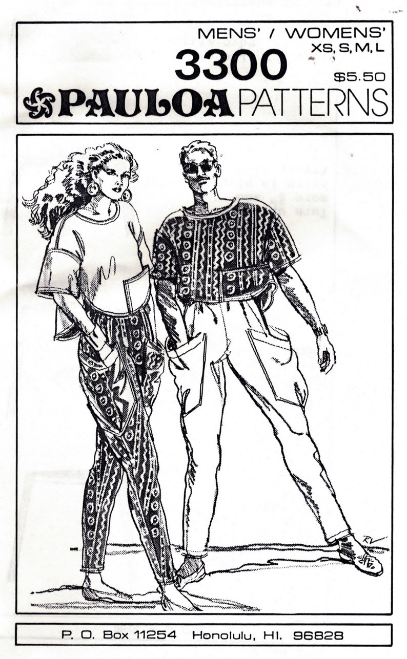 S M 1980/'s Size XS Pauloa Patterns 3300 Unisex Oversized T Shaped Pullover Top and Wide Waisted Tapered Pants L Factory Folded