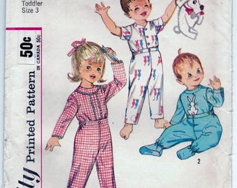 Simplicity 4535 - Toddlers' Footie Jamies, Straight Leg, Front or Back Opening, Applique Transfer, Size 3, Chest 22, Factory Folded.  1962