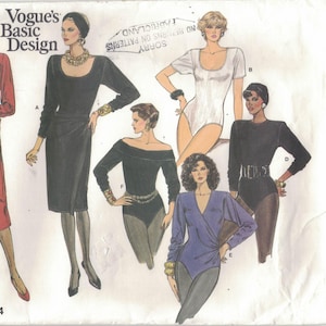 May include: Vogue's Basic Design sewing pattern 1744 featuring various women's fashion designs. The image shows illustrations of dresses, bodysuits, and a wrap top. The pattern includes size charts and instructions.