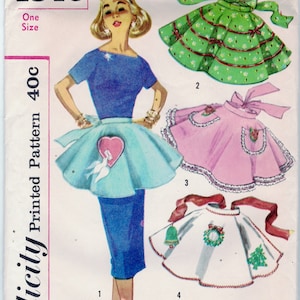 May include: A vintage Simplicity sewing pattern for a skirt, pattern number 1846. The pattern includes instructions for four different styles of skirts, including a green skirt with a bow, a pink skirt with pockets, and a white skirt with a wreath and a Christmas tree.