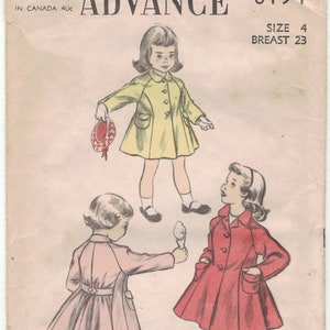 May include: Vintage sewing pattern envelope for a girls' coat. The pattern is for size 4, with a 23 inch bust. The envelope is beige with a drawing of three girls wearing coats. The text on the envelope reads "Advance 6194 35c In Canada 40c".