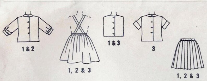 May include: A sewing pattern for a blouse and skirt. The pattern includes three different styles: a blouse with long sleeves, a blouse with short sleeves, and a skirt with pleats. The pattern is labeled with numbers 1, 2, and 3.