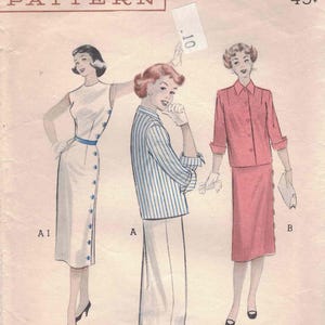 May include: Vintage Butterick printed sewing pattern featuring illustrations of women's clothing designs. The pattern includes a dress, skirt suit, and a striped top and skirt. The bust size is 30 inches, and the size is 12.