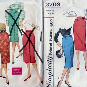 May include: Two vintage sewing patterns for skirts. The patterns are Simplicity 656 and 2703. The patterns are for printed patterns and are size 40c. The patterns show different styles of skirts, including a red skirt, a green skirt, a blue skirt, and a plaid skirt.