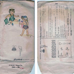 Simplicity 1944 - Child's Play Suit and Bonnett:  Ruffles and Suspenders, Adjustable Bonnet.  Size 6 mo. and 2 are available SEE NOTES  1947