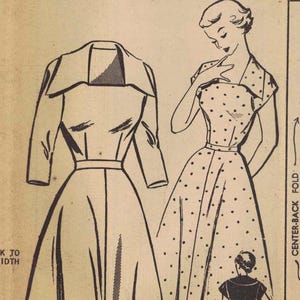 May include: A vintage sewing pattern envelope for a dress, labeled 2227 and 42, featuring black ink line drawings of a dress with a wide collar, three-quarter sleeves, and a full skirt, shown on a figure and as a flat technical sketch on tan paper.