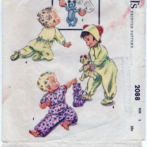 May include: Vintage McCall's sewing pattern for toddlers' two-piece sleeper, cap, and stuffed toy bear. The pattern number is 2088, size 1, and costs 35 cents.