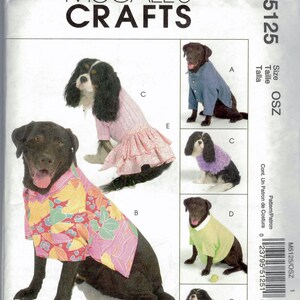 May include: Sewing pattern for dog clothes. The pattern includes instructions for making a variety of outfits, including a dress, a shirt, and a sweater. The pattern is for sizes OSZ. The pattern is from McCall's Crafts.