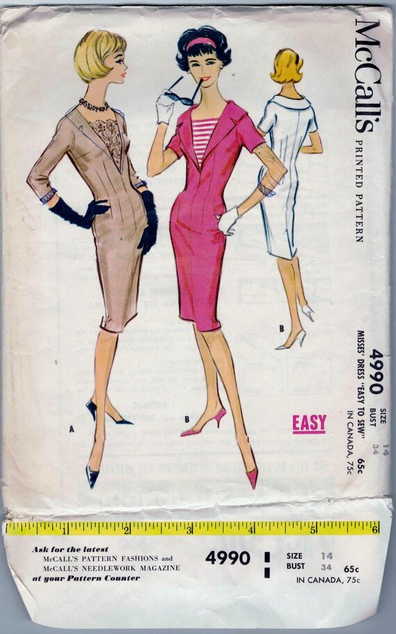 McCall's 4990 - Slim Sheath Dress with Snap-in Shield. Shawl Collar, Fitted with Sleeve Options, Miss 14, Bust 34 Cut and Complete. 1959 McCall's 4990 - Slim Sheath Dress with Snap-in Shield. Shawl Collar, Fitted with Sleeve Options, Miss 14, Bust 34 Cut and Complete. 1959