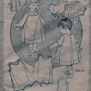 May include: A vintage sewing pattern for a child's dress with two different views. View A is a long-sleeved dress with a round neckline and a gathered skirt. View B is a sleeveless dress with a round neckline and a gathered skirt. The pattern includes instructions for making the dress and a diagram of the pieces.