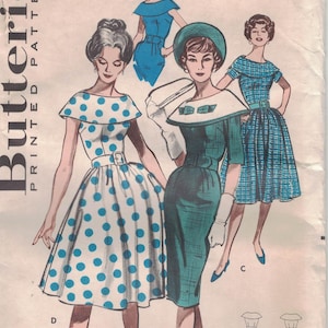 May include: Vintage Butterick sewing pattern featuring illustrations of women's dresses. The pattern includes a dress with a white and blue polka dot design, a green dress, and a blue plaid dress. The bust size is 36, and the size is 16.
