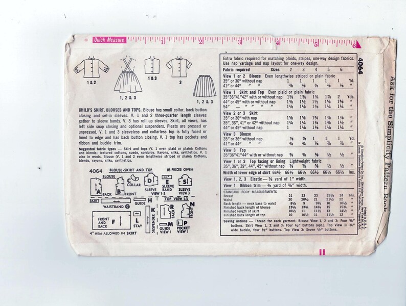 May include: A vintage sewing pattern for a child's skirt, blouses, and tops. The pattern includes instructions for making a skirt, three different blouses, and a top. The pattern is for sizes 2-6. The pattern is printed on white paper with black ink. The pattern includes a chart with fabric requirements for each size.
