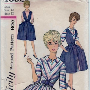 Simplicity 4092 - Misses One-Piece Kimono Sleeved Dress or Sleeveless Jumper both with Wide Belt Size Miss 12, Bust 32.  Cut *SEE NOTE  1961