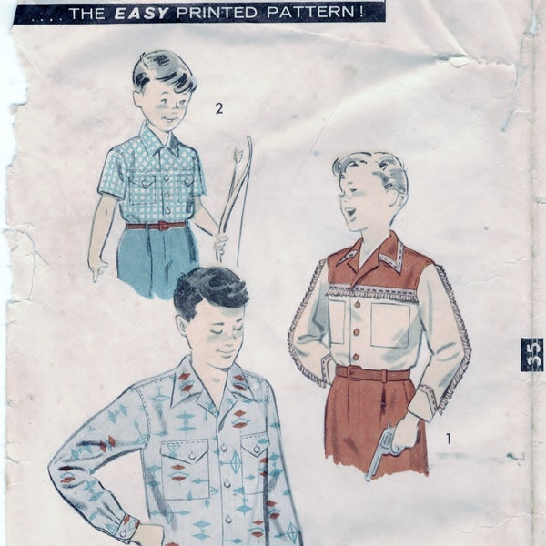 Advance 7758 - Boys' Western Cowboy Shirt or Every day Long Or Short Sleeve Button Front Shirts, Size Boxy 6-8, Cut and Complete.  1950's