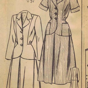 May include: A vintage sewing pattern envelope labeled 42 and 2953, featuring line art illustrations of a two-piece suit with a collared jacket and a long skirt. The text includes a guarantee statement regarding standard measurements in Washington, D.C.
