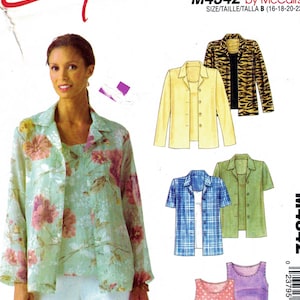 May include: A sewing pattern for a women's shirt with a collar and button closure. The pattern includes four different styles: a floral print shirt, a yellow shirt, a plaid shirt, and a green shirt. The pattern is for sizes 16-18-20-22. The pattern is called "Easy stitch 'n save" and is by McCall's.