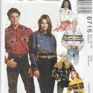 May include: A sewing pattern for a Western-style shirt. The pattern includes five different shirt designs, with variations in color, fabric, and embellishments. The pattern is for sizes 34-36, and is labeled as "Medium".