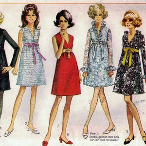 May include: A vintage sewing pattern for four different dresses. The pattern is for a junior petite size 7JP and is from Simplicity pattern number 7948. The dresses are all mini-length and feature different styles, including a black dress with a V-neck, a white dress with a V-neck and a pink sash, a red dress with a V-neck and a gold belt, and a blue and white floral dress with a V-neck and a white sash.