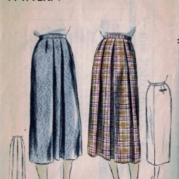 Vogue 7127  Sporty below the knee skirts. Snazzy pleated skirt ; Waist 24.  Pattern is unprinted and complete.  1950