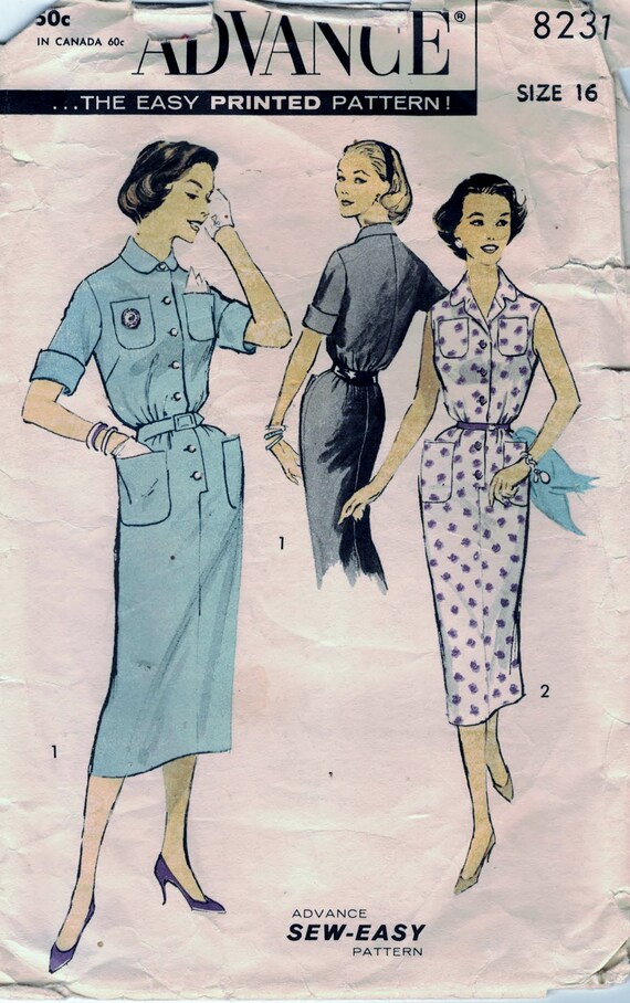 Advance 8231 Vintage One Piece Chemise Classic Shift Mangas u Opciones sin Mangas. Talla 16 Busto 36. Cortar y completar. 1957 Etsy Mexico
