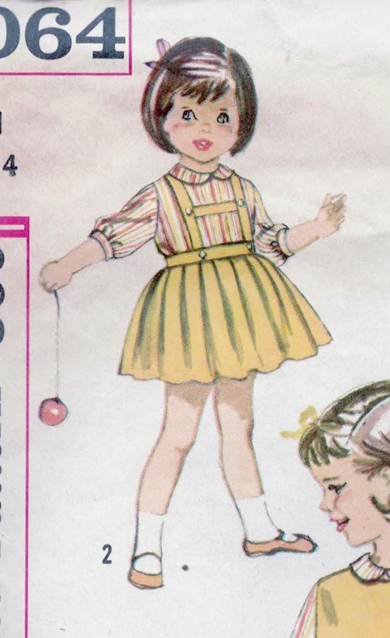 May include: A vintage sewing pattern illustration of a young girl wearing a yellow and white striped dress with a matching blouse. The girl is holding a red ball on a string. The pattern number is 1064.