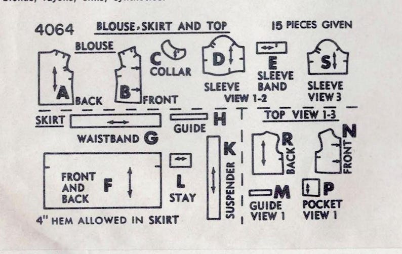 May include: A sewing pattern for a blouse, skirt, and top. The pattern includes 15 pieces and is labeled 4064. The pattern pieces are labeled with letters and include a collar, sleeve band, sleeve, waistband, front, back, and pocket.