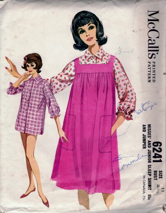 Mccall s 6241 Junior Sleep Shirt or Shirt and Jumper Size Junior 11 Bust 31 1 2 Cut and Complete. 1962 Etsy