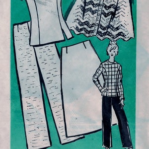 May include: A printed sewing pattern for a top, pants, and a cape. The pattern is for size 16. The pattern is printed on a white background with a green border.