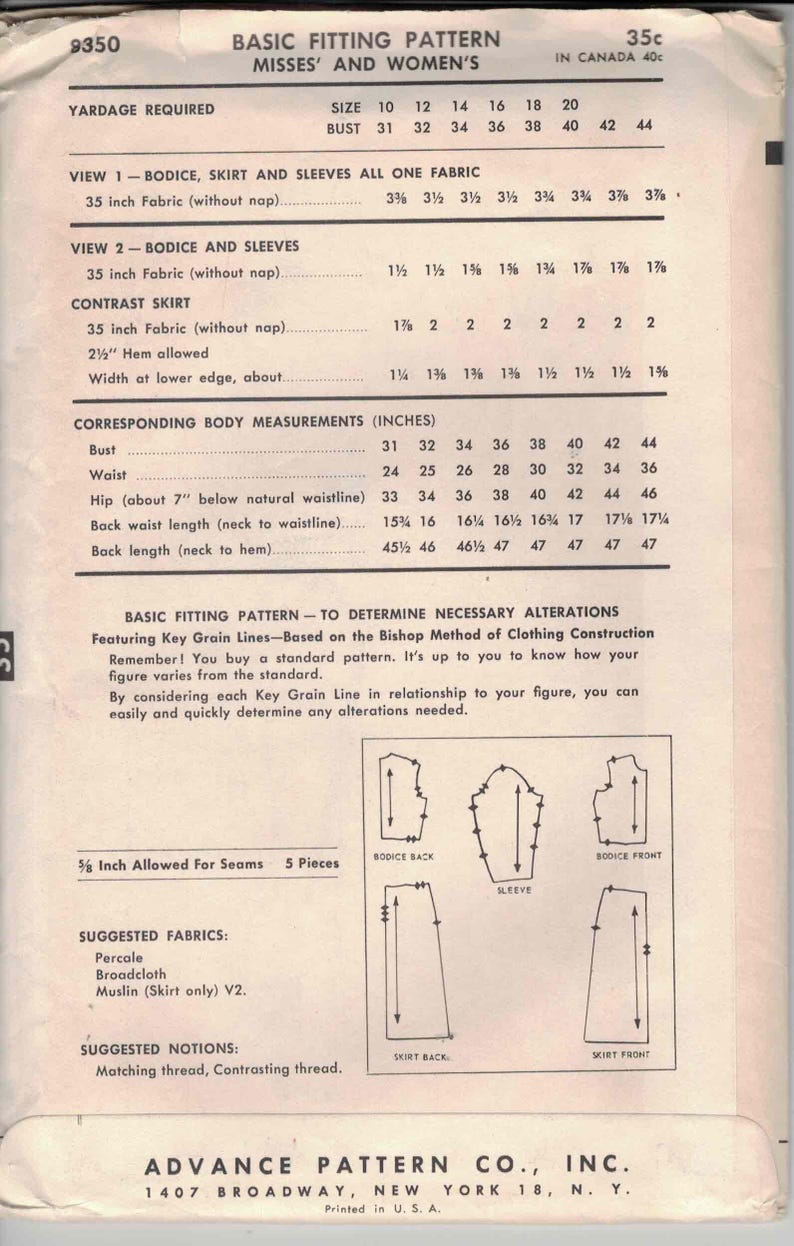 Advance 8350 - Basic Fitting Pattern - Personalize Your Sewing - Size 16, Bust 36 - Factory Folded. 1957 image 2