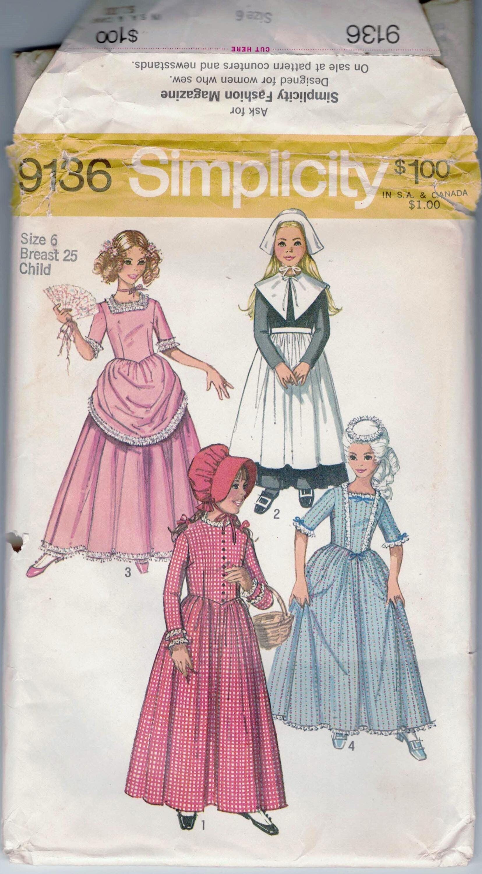 Simplicity 9136 Historical Girls Costumes; Puritan, Centennial