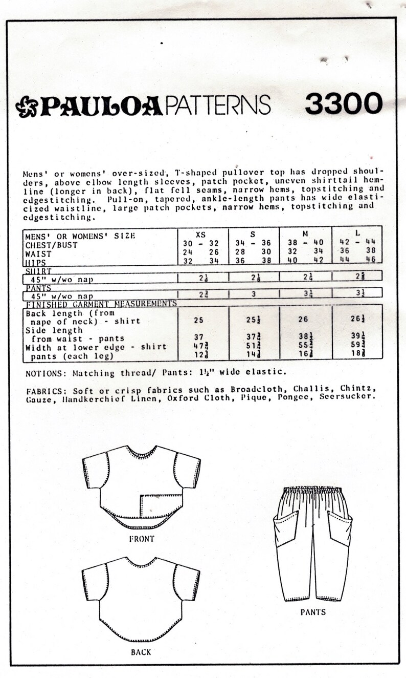 S M 1980/'s Size XS Pauloa Patterns 3300 Unisex Oversized T Shaped Pullover Top and Wide Waisted Tapered Pants L Factory Folded