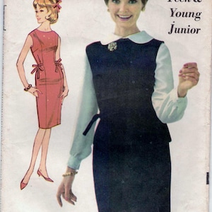 May include: A vintage sewing pattern for a dress, featuring a black and white dress with a white collar and a pink dress with a bow. The pattern is for a teen and young junior size 14. The pattern is called "Sew-Easy" and is printed by Advance.